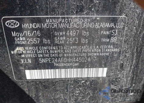 2017 Hyundai Sonata Se z USA, uszkodzony, nr VIN 5NPE24AF0HH445024